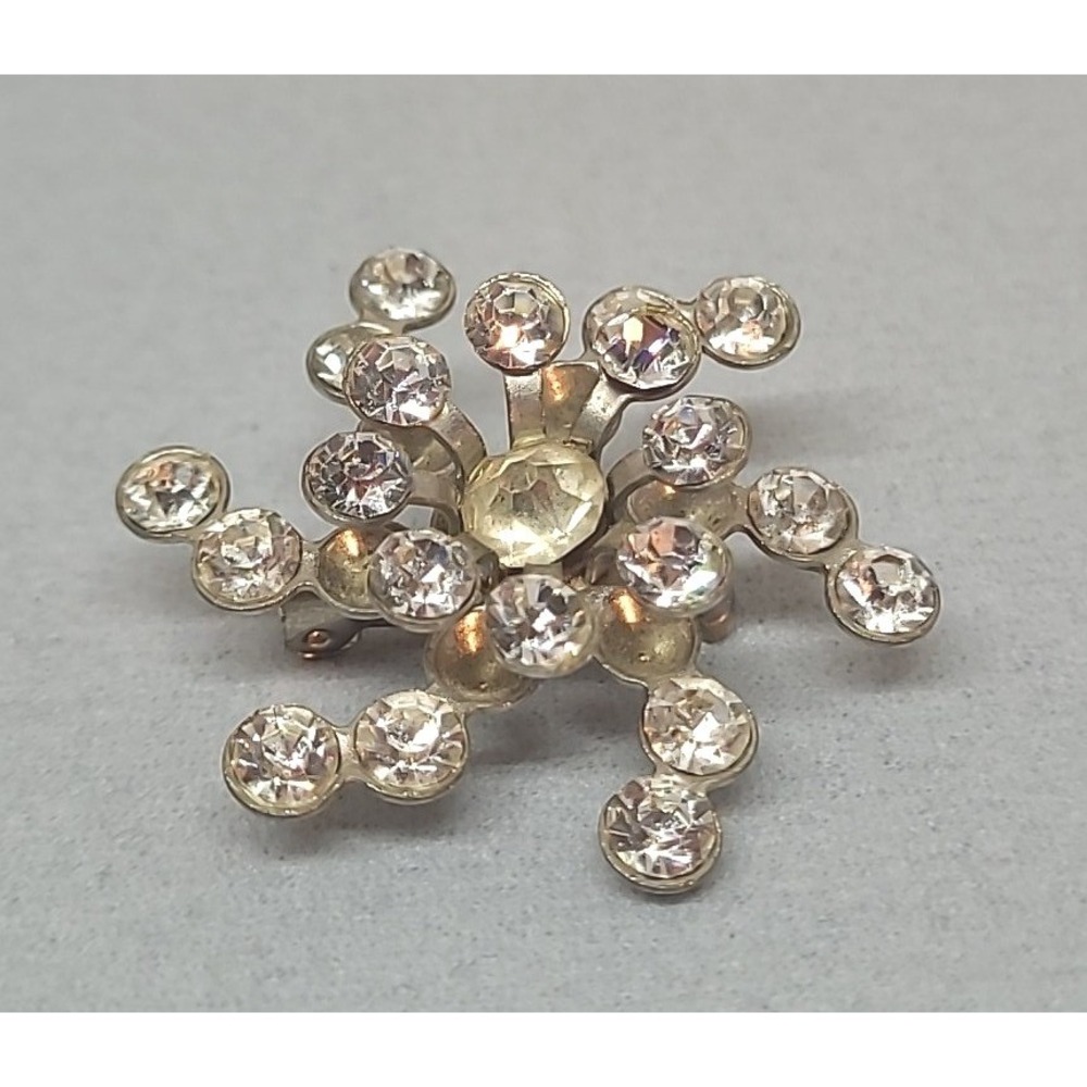 Vintage Brooch Woman Silver Tone Clear Rhinestone Starburst Pin Atomic Swirl